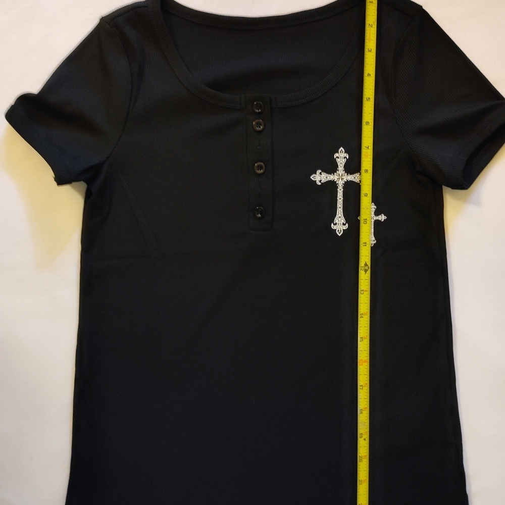 SHEIN Black Short Sleeve Tee with Cross Design NWOT - Picture 5 of 7